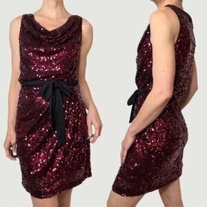 Cache ruby red sequin mini dress cowl neck cocktail evening tie belt formal prom